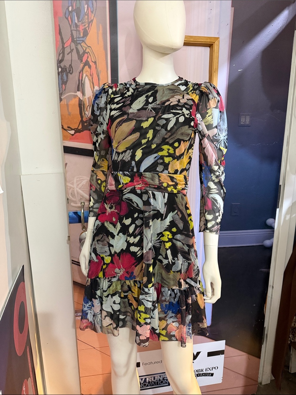 Ted Baker London Black Multi Floral Puff-Sleeve Mini Dress